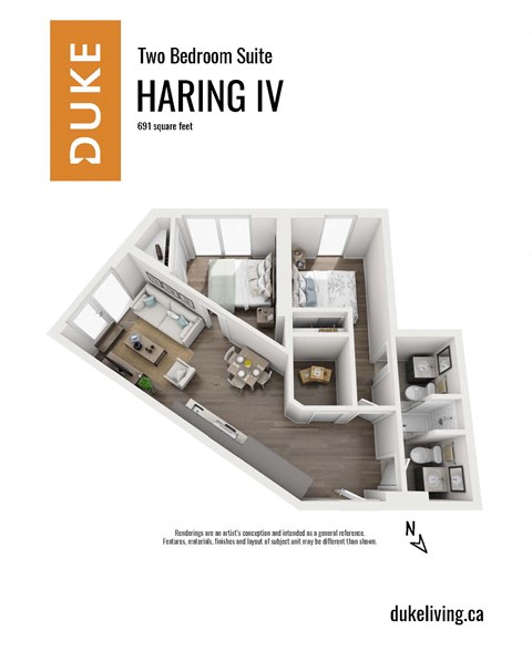 Floor plan for 2 beds, 2 baths, 691 sqft